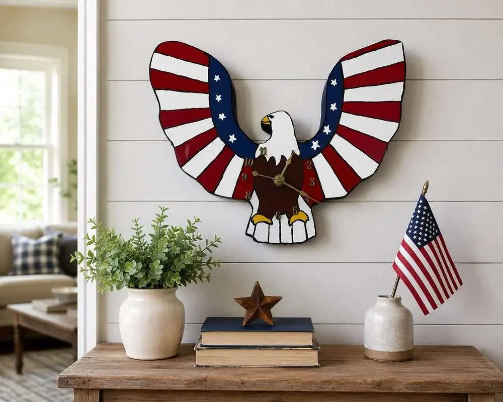 Giftco USA Wooden Patriotic Bald Eagle Quartz Wall Clock Hand Painted Americana